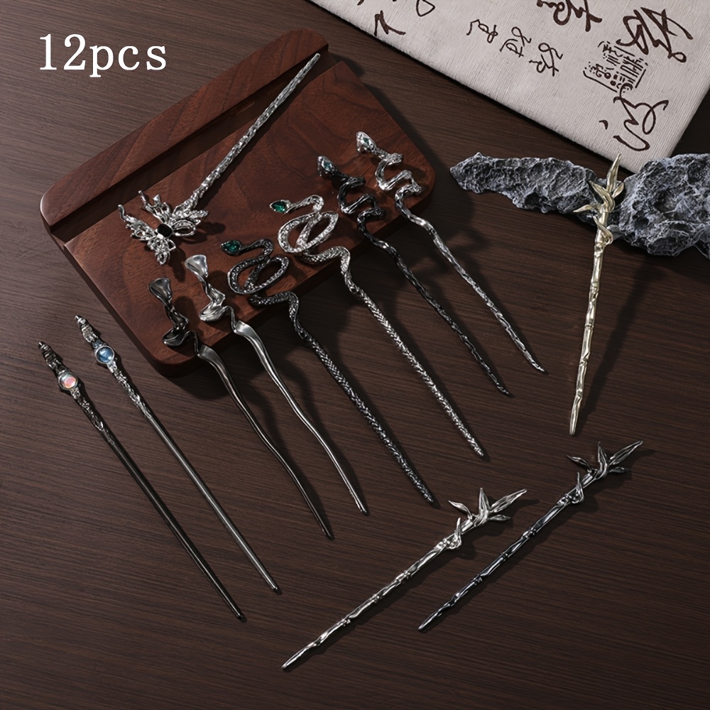 TEMU Set Of 12 Stylish Chinese Hairpins Featuring And Designs, Along With Scale Patterns And Bamboo Knot Details. Perfect For Hanfu Attire,