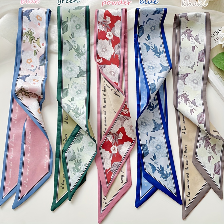 Image of 5pcs Summer Long Floral Scarves Handbag Tying Hair Decoration Neck Scarf Multifunctional Ribbon