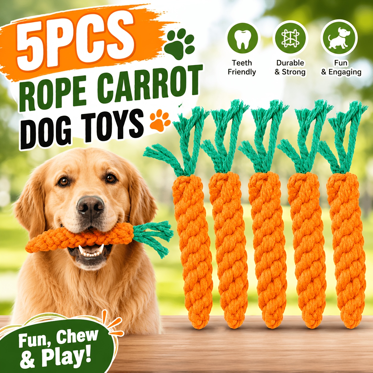 TEMU 5pcs Carrot Rope Dog Toys For Small Medium Large Dogs, Interactive Chew Tug Toy, Braided Rope Pet Toy For Indoor & Outdoor Play