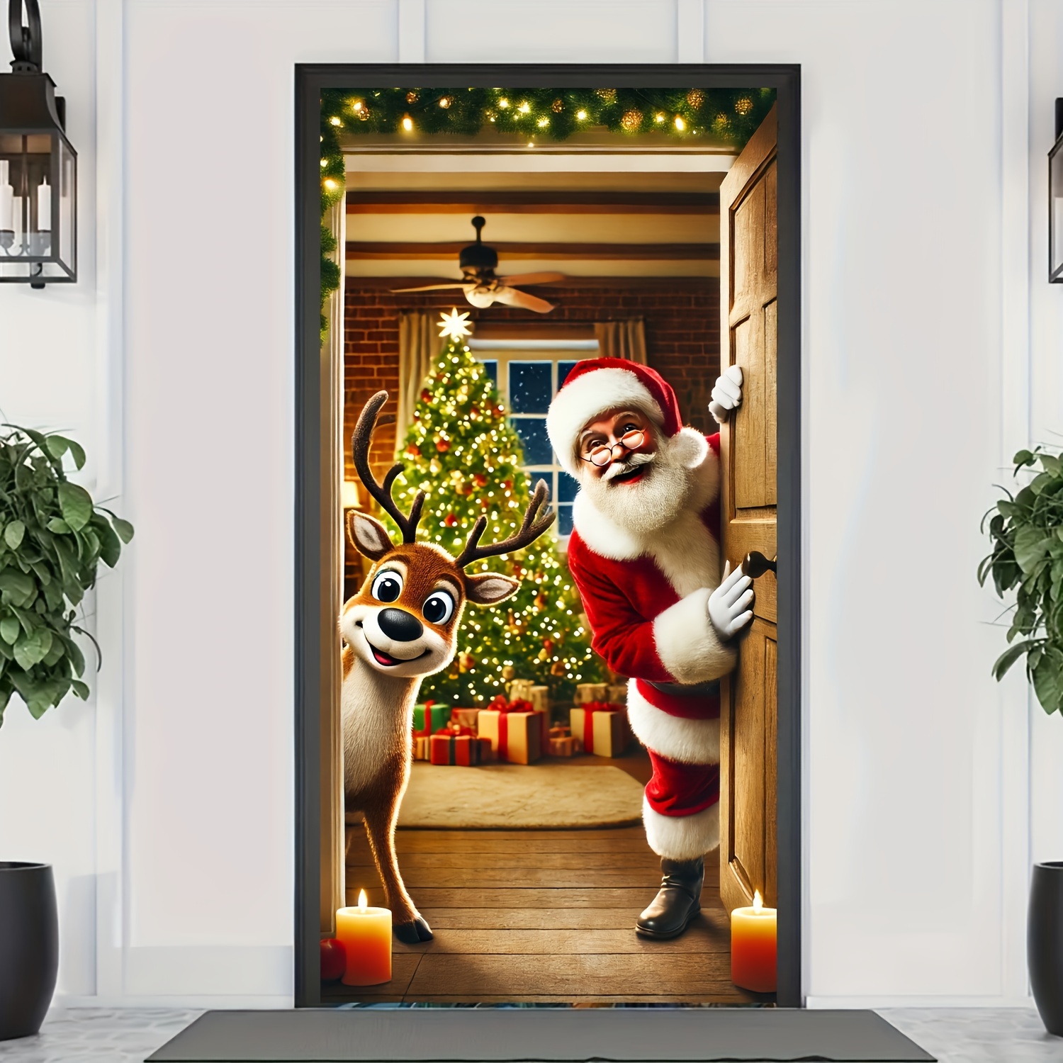 

Santa Claus Door Frame Banner - Merry Christmas & Happy New Year Polyester Decoration, Indoor/outdoor Holiday Party Supplies, 70x35 Inches