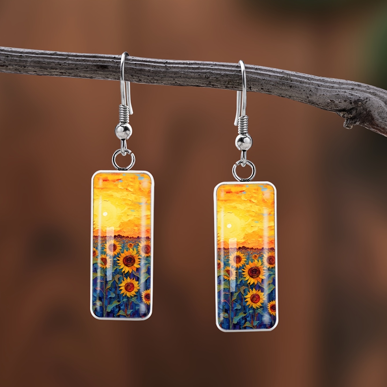 Women's Pastoral Sunset Sunflower Floral Pattern Long Earrings