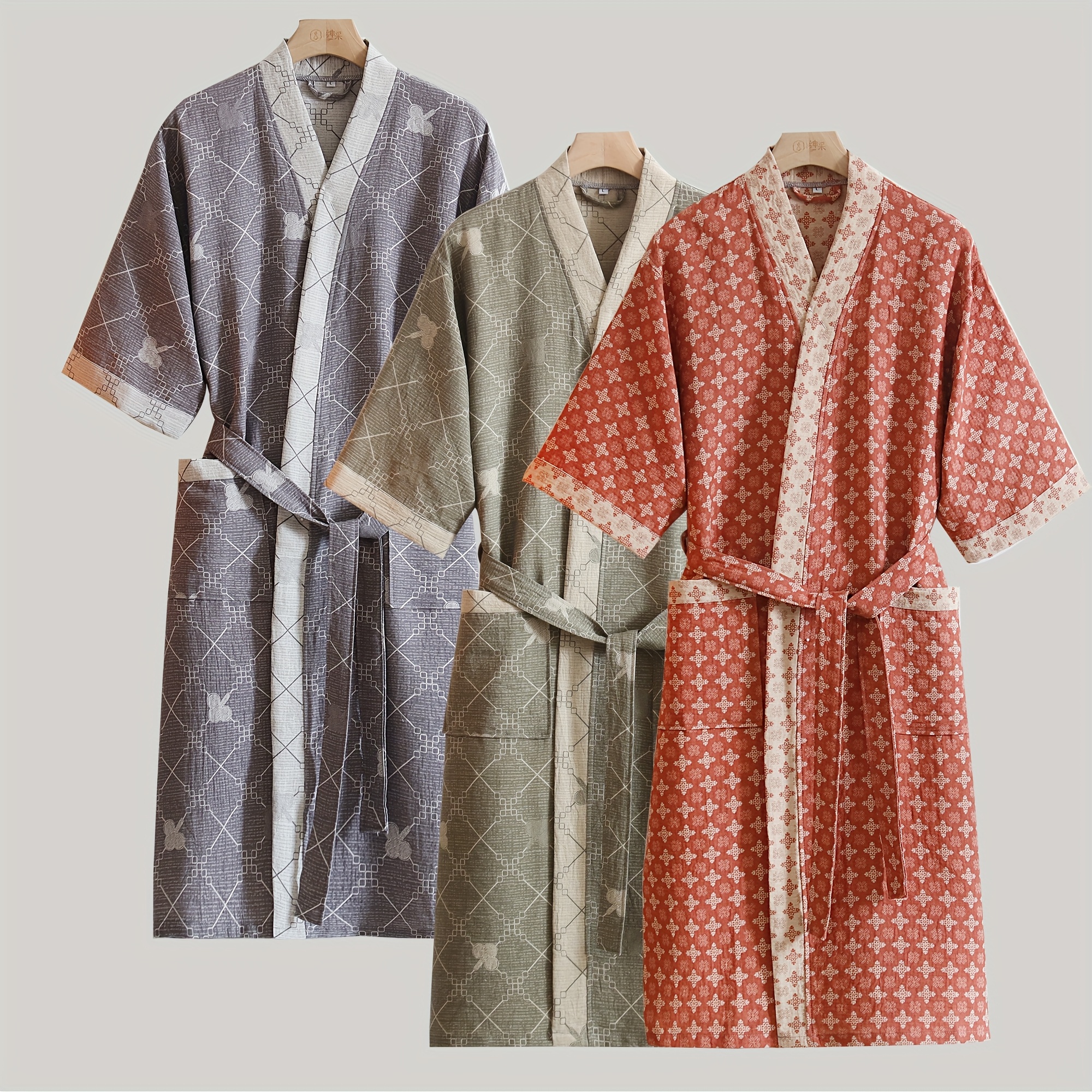 high end pure cotton summer lightweight bathrobe color block jacquard pattern with waist belt and pocket machine washable suitable for beachwear morning gown or robe   use