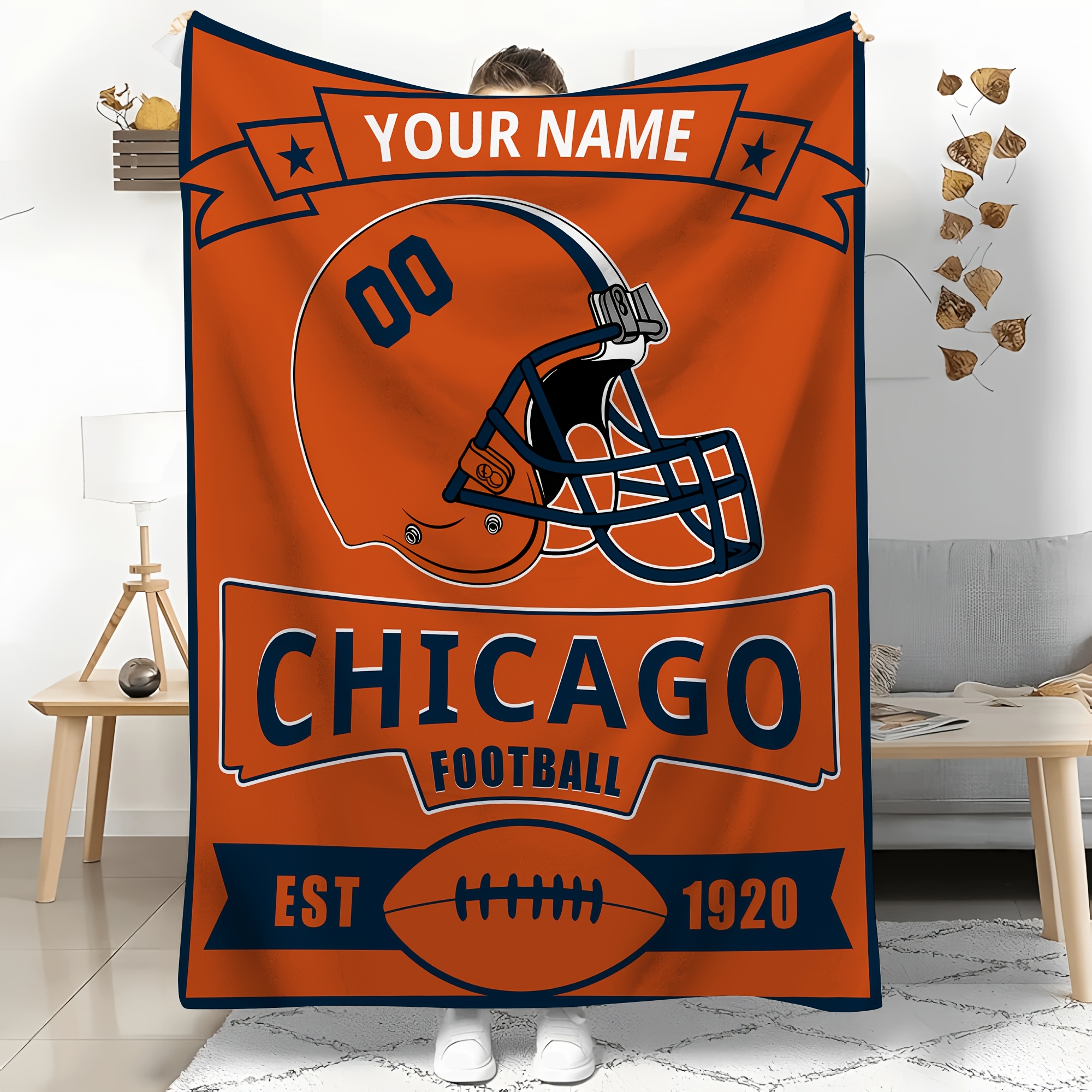 

Customizable Chicago Football Throw Blanket - Personalized Name, Ideal Gift For Fans, Travel & Home Decor, Cute Blanket