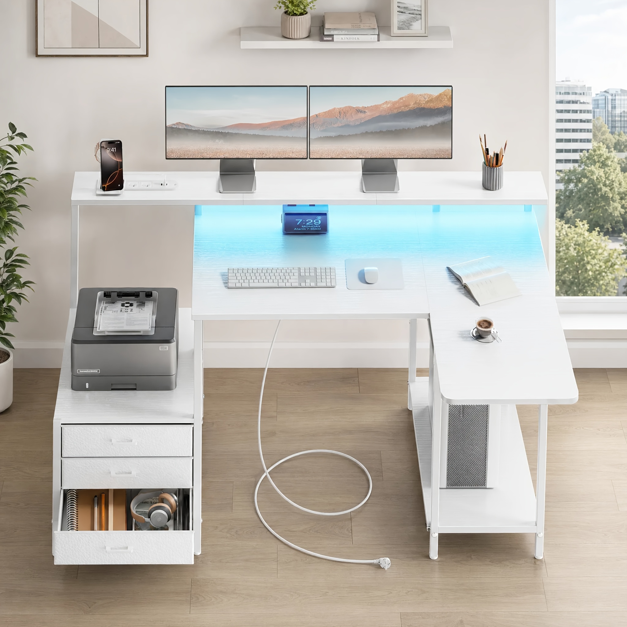 Image of L Shaped Gaming Desk With Led Lights, Power Outlets, Usb Charging Ports, And Drawer File Cabinet - Reversible Corner Computer Desk For Home Office