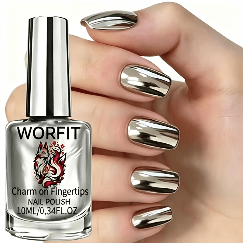 Image of Worfit Mirror Silvery Metallic Nail Polish, 10ml High Reflective End Nail Lacquer, Quick Dry Long Lasting Shiny Manicure Varnish For Daily Dating Wedding Party Nail Decor