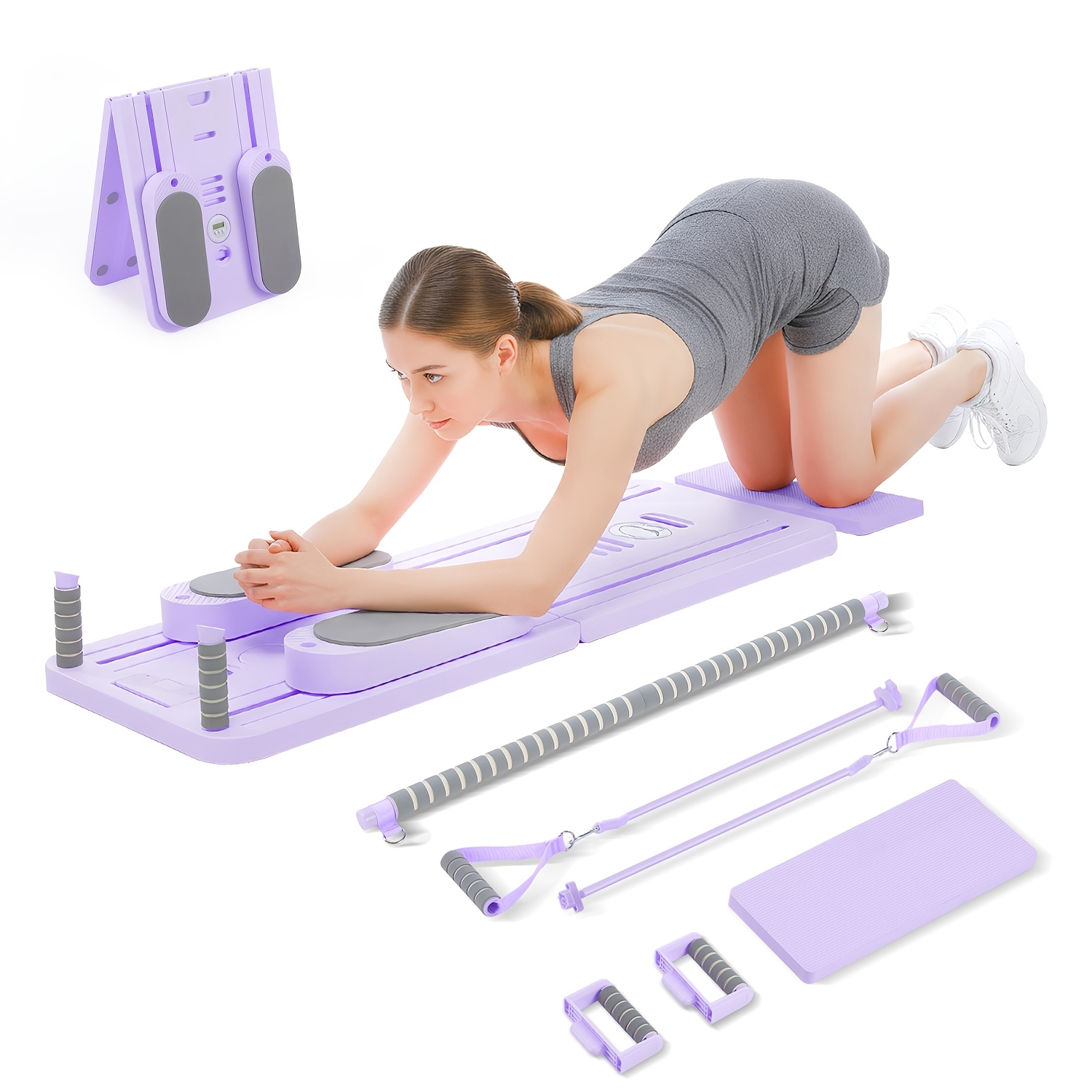 TEMU Planche de Pilates Pliable avec Bandes de Résistance, Équipement d'Entraînement Multifonction avec Barre, Poignées pour Pompes et Tapis de Yoga