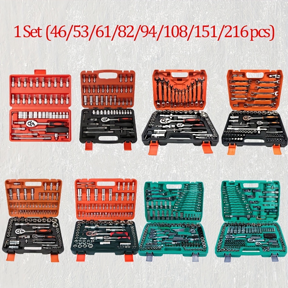 

46/53/61/82/94/108/151/216pcs Mechanical Tool Kit Steel Manual Tool Kit - Including Metric Ratchet, Socket, Wrench Kit For Automotive And Mechanical Repairs, Non Battery Uncharged Tool Kit