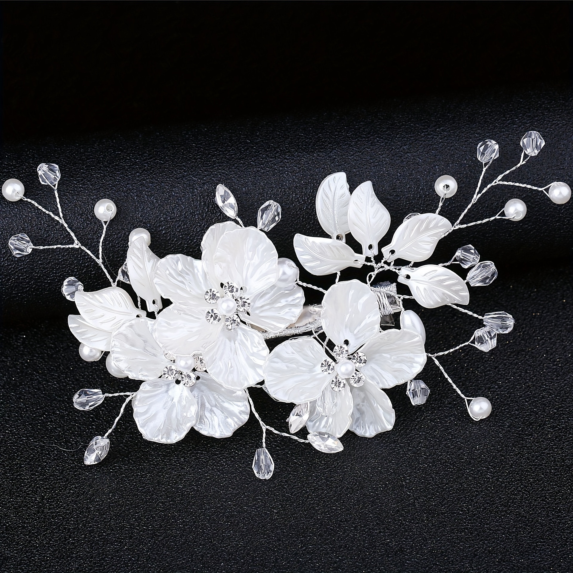 TEMU Handmade Pearl And Crystal Hairpin With White Shell Petals, Bridal Wedding Hair Accessory.