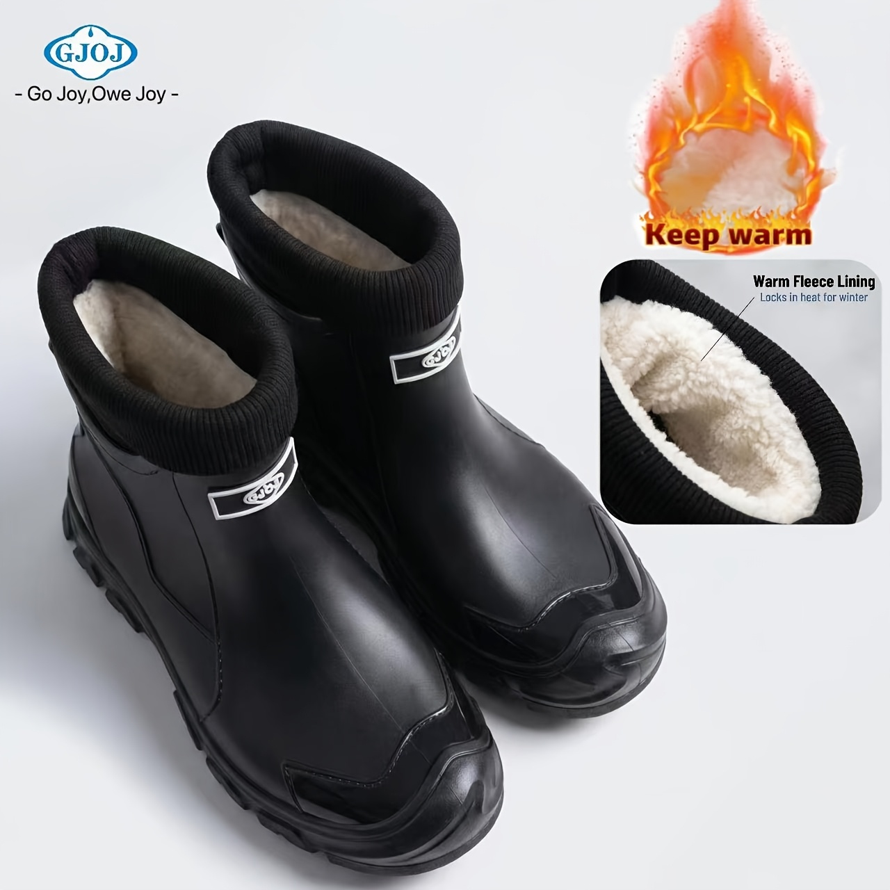 TEMU Gjoj Women's & Unisex Winter Plush-lined Rain Boots - Anti-slip Pvc Ankle Boots With Sole, Slip- Suitable For, Mud, Rainy/snowy Weather,
