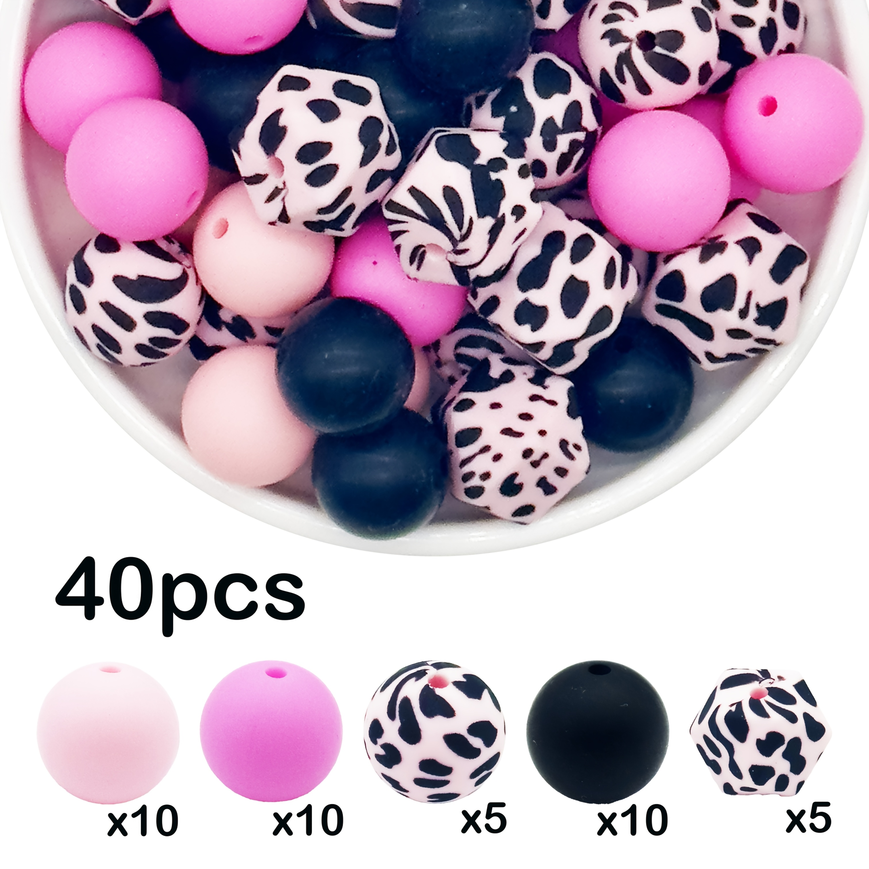 Image of 40pcs/61pcs Pink Leopard Print Silicone Round Loose Beads 3d Silicone Beads For Diy Handmade Necklaces, Plastic Pen Beads, Keychains, Bag Chains, Phone Charms, Bracelets, Jewelry Making Supplies