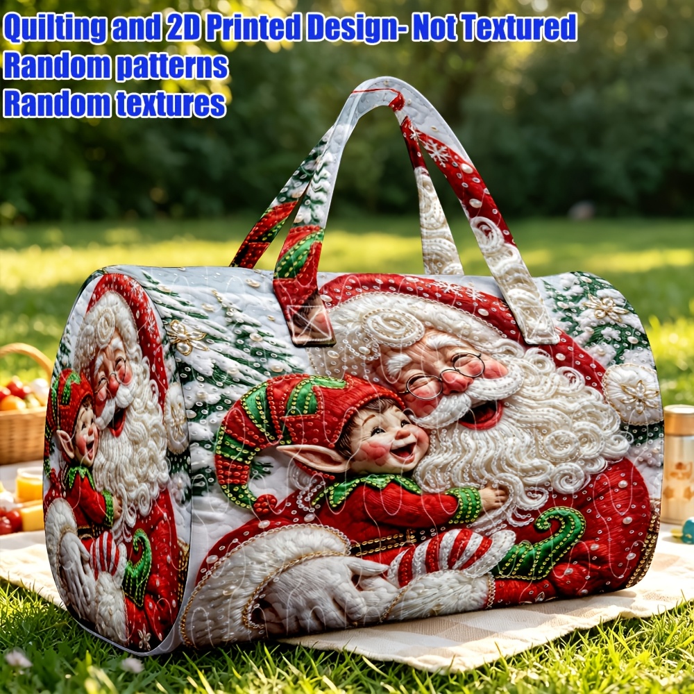 TEMU 1pc 2d Printed Women's Handbag - Santa And Elf Festival Pattern, Large Capacity Travel Tote For Weekend Trips, Christmas And Halloween Gifts