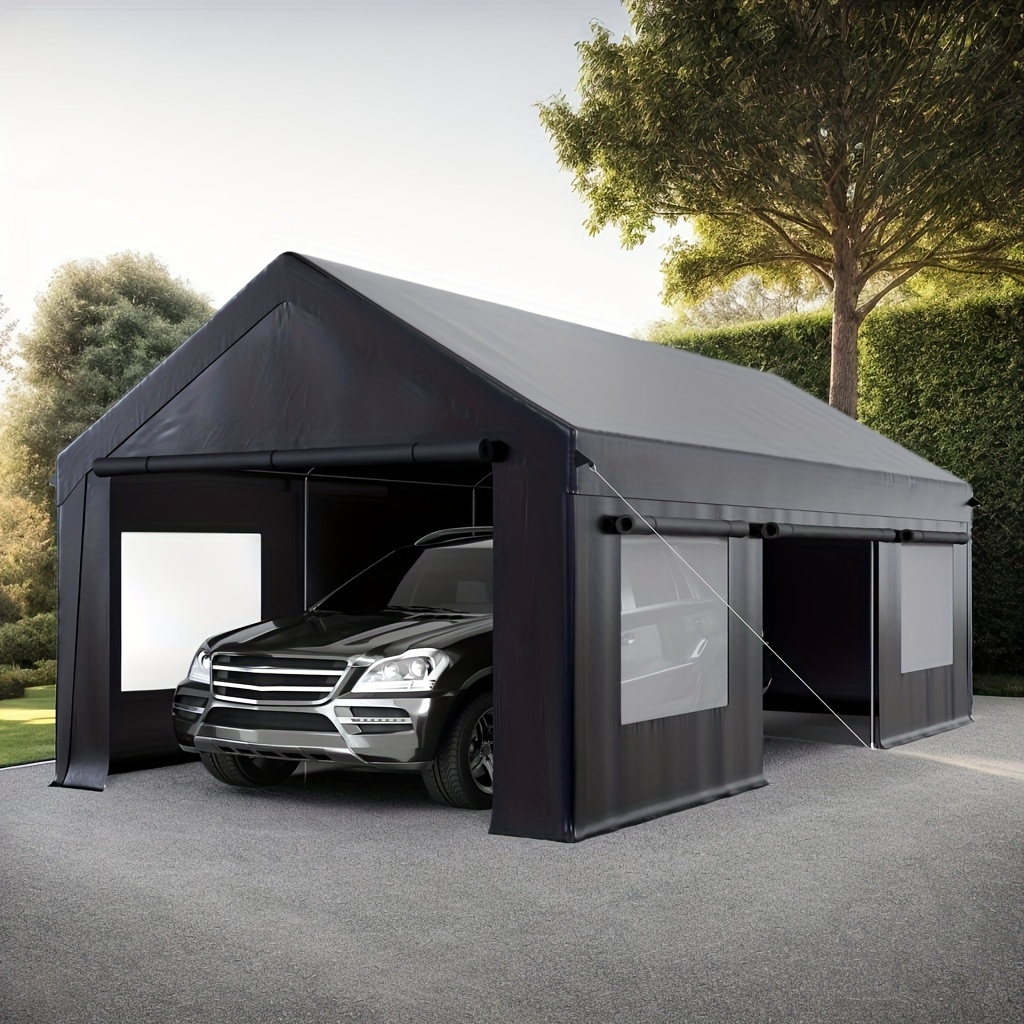 

Heavy-duty 12'x20' Black Carport With Side-opening Door & Roll-up Windows - Easy Setup, Protection For Cars, Trucks, Boats - Ideal For Outdoor Events & Parties