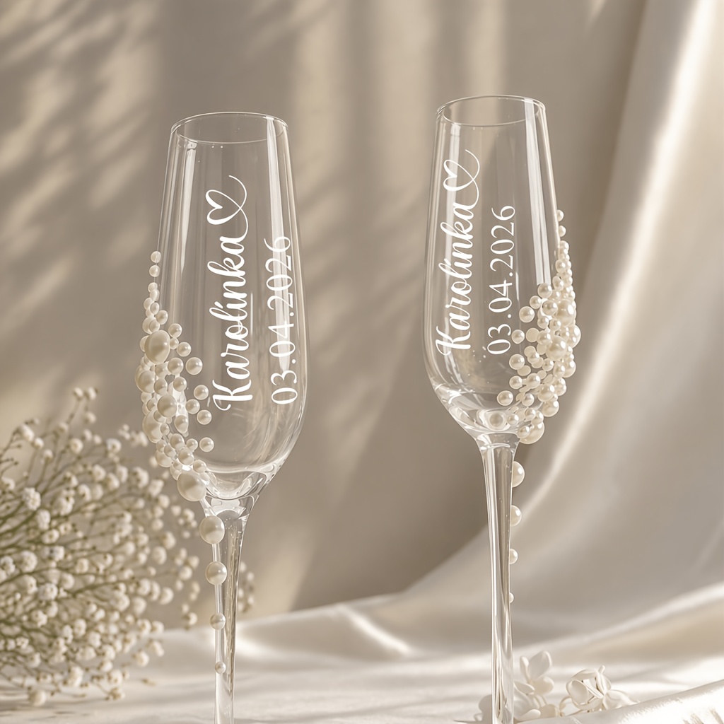 TEMU Personalized Bridal Champagne Glass - Elegant Wedding Champagne Cup With Pearl Decoration, Custom Name/text, Durable Glassware For Bride,