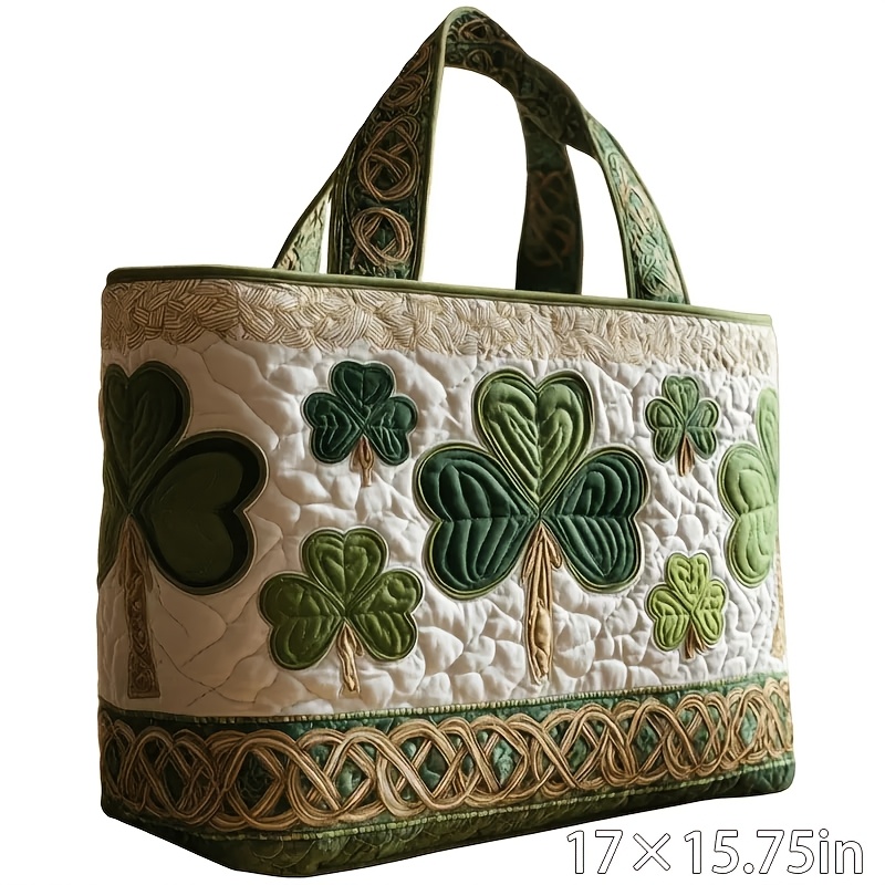 TEMU 's Day Shamrock Printed Quilted Tote Bag For Women, Irishstyle Large Shoulder Handbag, Soft Durable Quiltpattern Printed Purse With Decorative