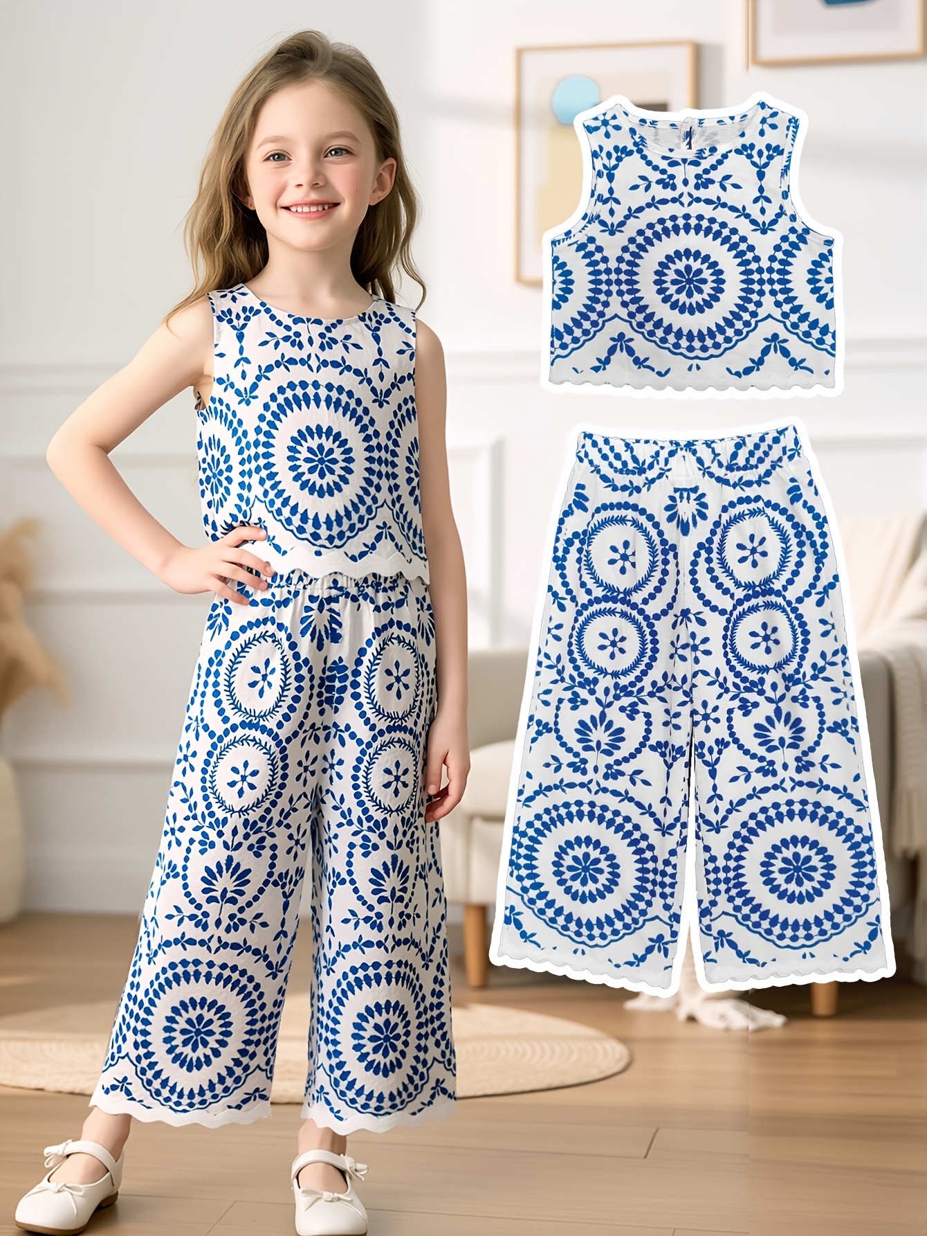 Girls' Casual Fashion Printed Vest and Long Pants 2pcs Set, Blue and White Floral Polka Dot Vest, Wide-Leg Pants with Lace Hem, Wavy Lace Trim Decoration, Summer Gift for Kids, Casual Outfit Suitable for Various Occasions, Perfect for Outdoor
