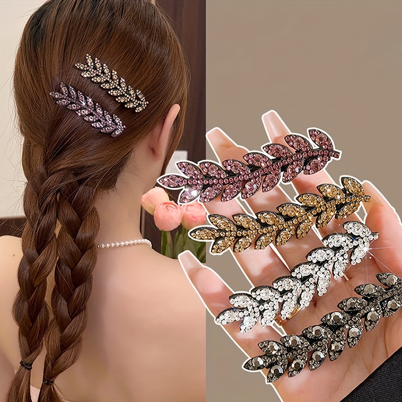 

4pcs Vintage Elegant Rhinestone Wheat Hair Clips Set, Alloy Leaf-shaped Barrettes For Women, Solid Color Duckbill Side Clip For Hair Management, Suitable For Ages 14+