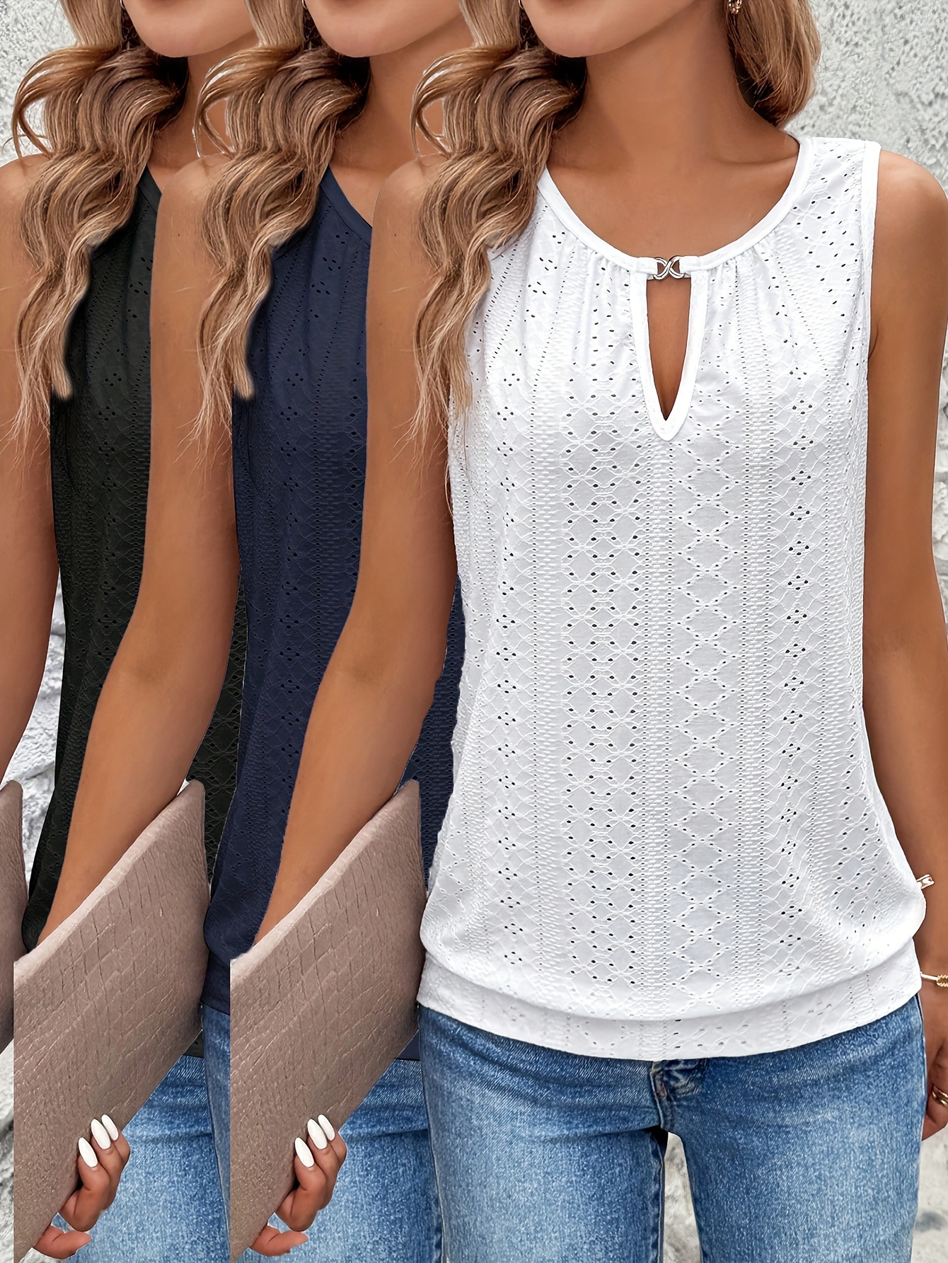 3 pièces Ensemble de Gilets à Col V Brodés et Ajourés pour Femme