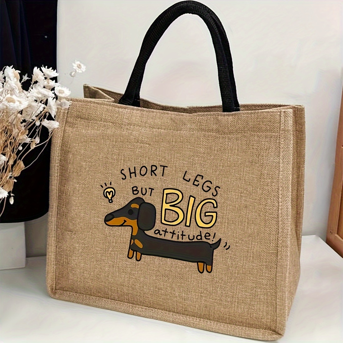 

Dachshund Cartoon Print Polyester Tote Bag - Hand-washable Linen-style Casual Shopper With No-closure, Accessory-free Puppy Letter Burlap Handbag For Womens, Gift