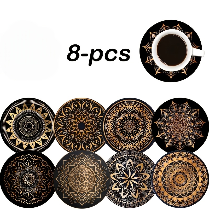 TEMU V Pack Of 8pcs Mandala Coasters - Waterproof Wooden Art Design, Non-slip, Suitable For Bars/offices/home, Essential For Christmas Party Decor