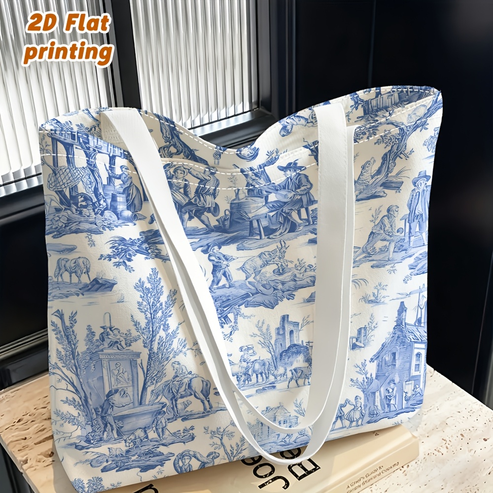 TEMU 1pc Blue And White Pastoral Style Pattern Print Women' Shoulder Bag, Multi-functional Handbag, Used As A Tote Or Crossbody Bag, Reusable, Fine ,