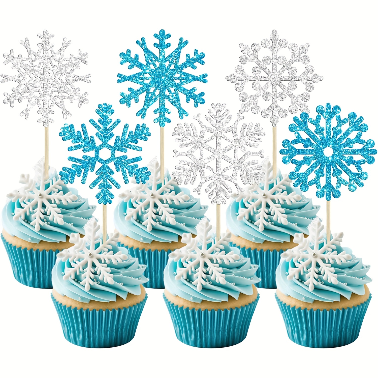 12pcs Snowflake Cupcake Toppers Blue Silvery Glitter Winter Snowflake Cupcake Picks Cake Toppers For Baby Shower Birthday Christmas Party Cake Decorations Supplies