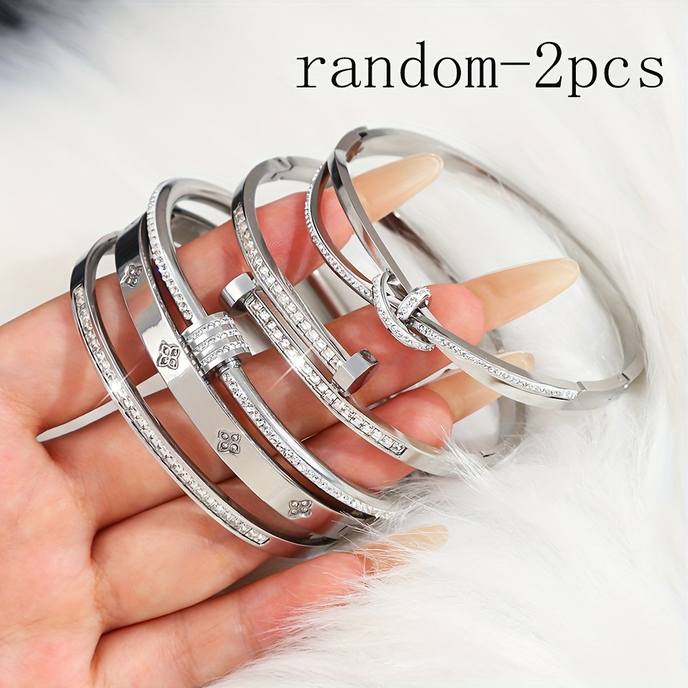 TEMU 2pcs [random Style] Stainless Steel Bangles - Rhinestone-inlaid, Cube-link & Classic Plain Styles