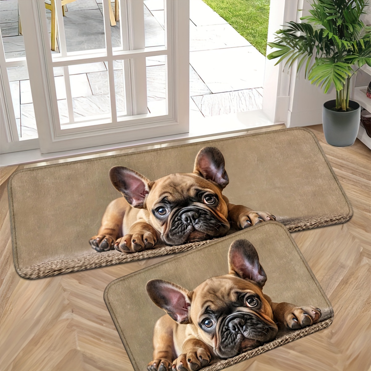 

Adorable French Non-slip Door Mat - Machine Washable, Polyester Indoor Entrance Mat For Kitchen, Bathroom, Laundry Room - Rectangular Shape With Realistic Dog Print