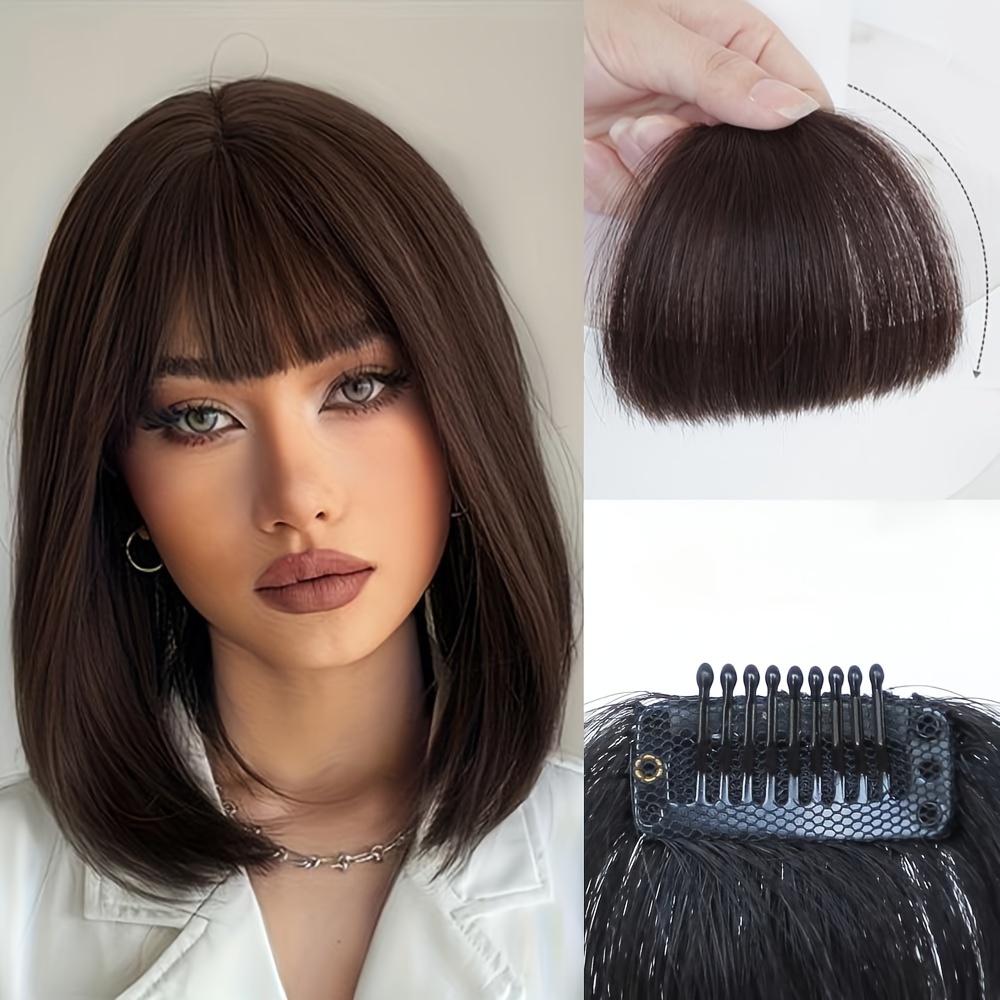 clip in human hair straight bangs extension for women elegant daily wear hairpiece black   natural   for all     styling sleek straight hair textured hairpiece details 1