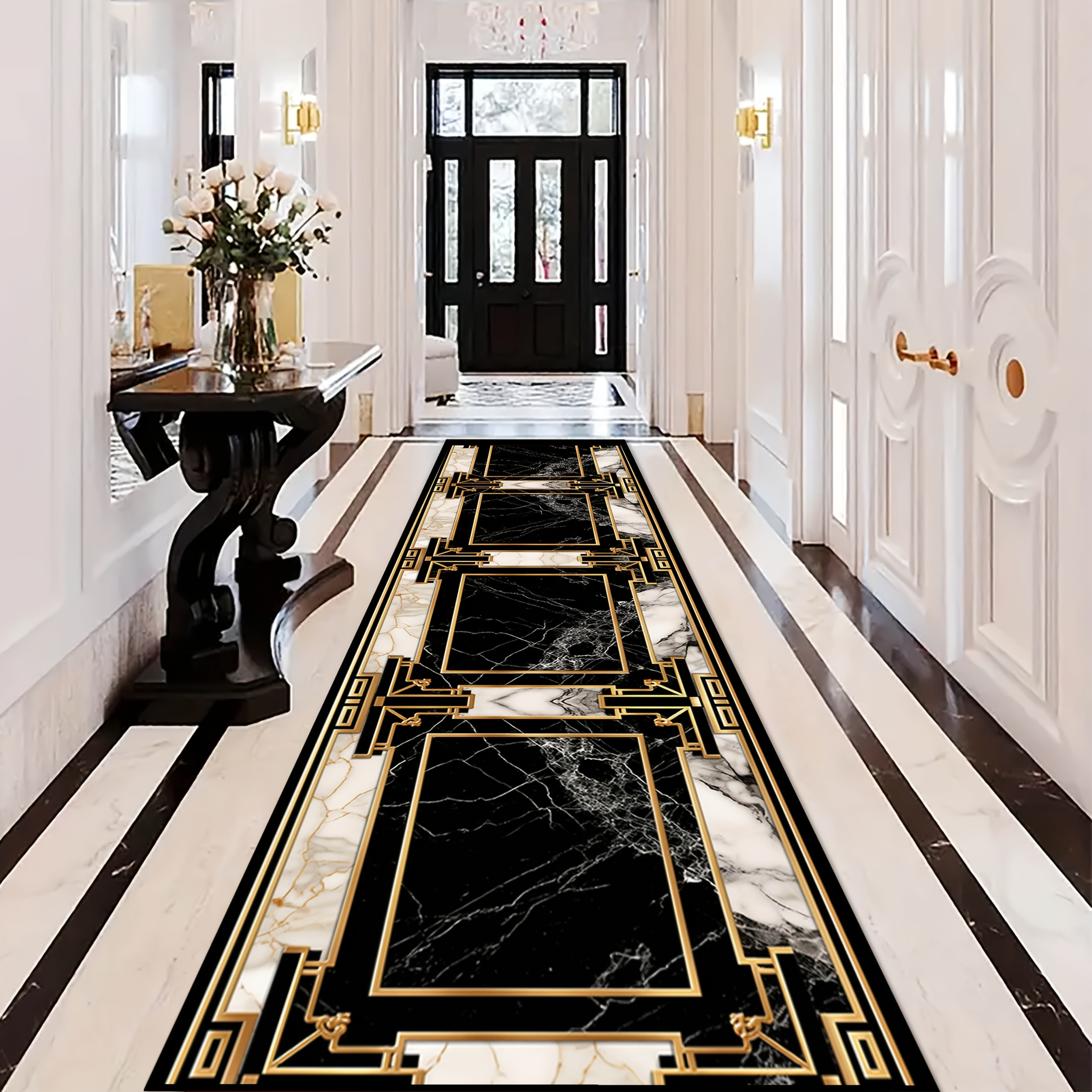 TEMU Shipping [golden Rhinestone Velvet] 1pc, 80x240cm Rectangular Nordic Style Black And White Pattern Banquet Hall Welcome Runner Carpet, Villa