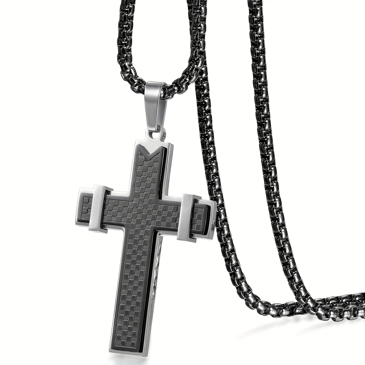 Image of Men' Steel Cross Pendant Necklace - Minimalist Grid Retro Religious Symbol, Casual Attire & Gift Suitable For Christmas, Easter, Wear