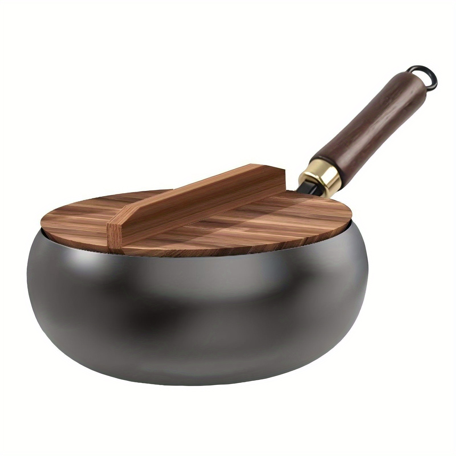 Image of 1 Large Iron Pot With Wooden Lid And Handle, Featuring Rapid And Heat Distribution. Deep Pot With Work, Perfect For Healthy Stir-frying, Saucepan Simmering Soups