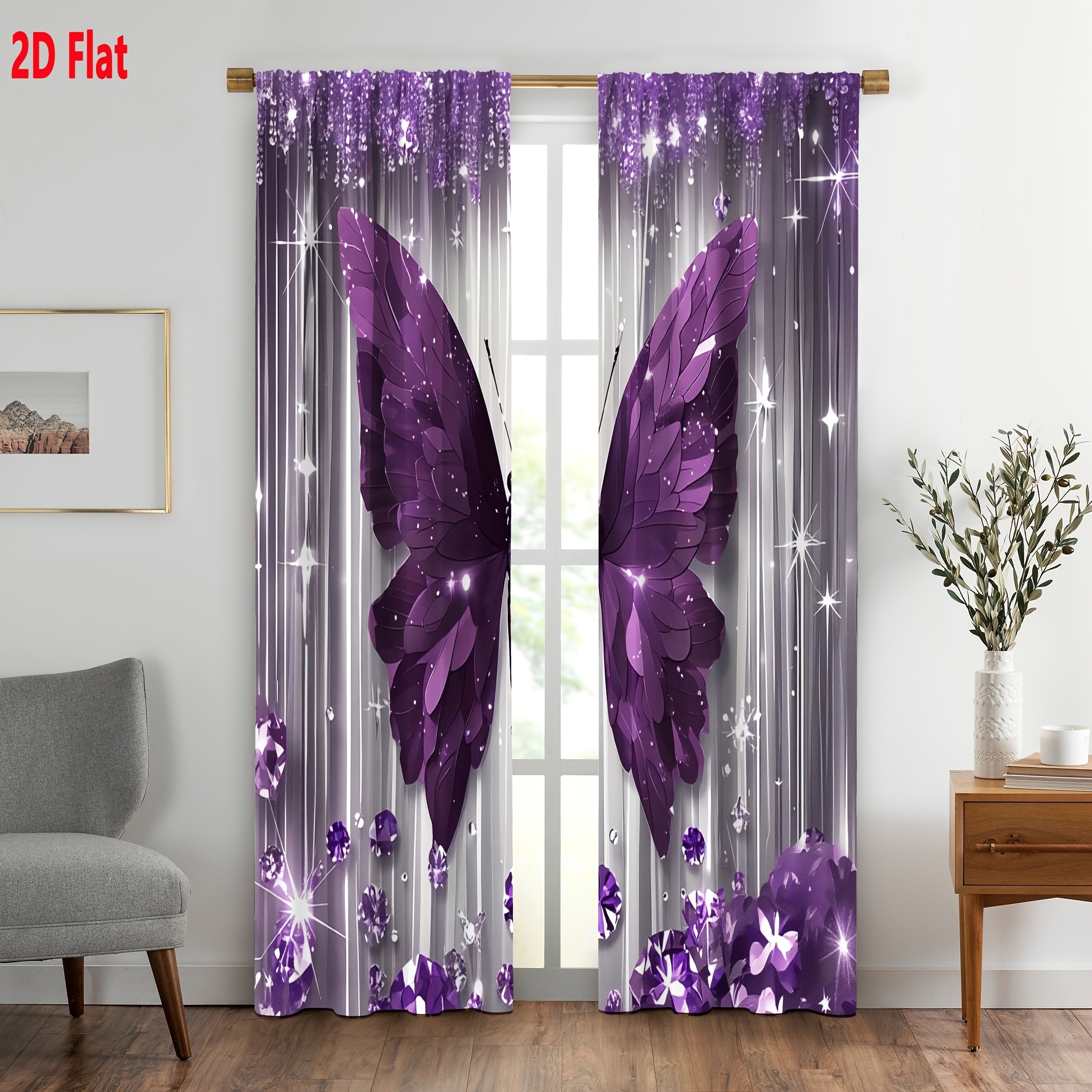 TEMU 2d Flat, 2pcs Set Of 2d Fantasy Purple Gemstone Curtains, Vertical Silvery Stripes With Star Light Effect, Shiny Flowers And Gemstone