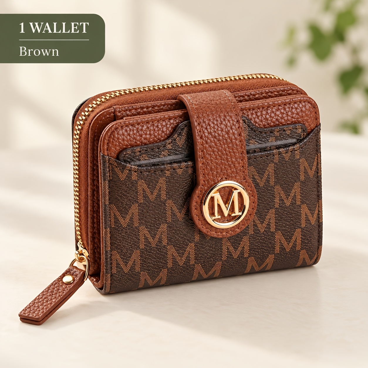 TEMU Small Wallet For Women, Brown Pu Card Holder Wallet With Letter Pattern, Snap Tab Closure, Golden-tone Detail, Card Slots, Id Window And Zipper