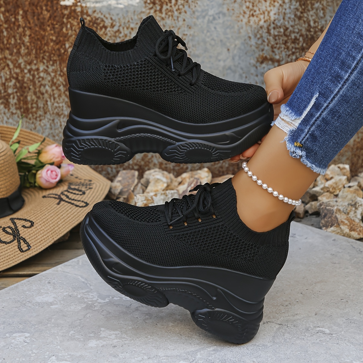 TEMU Spring And Autumn Casual Women's Wedge Fashion Sneakers With Lace-, Solid Color Knitted Upper For Breathable Women's Shoes., Women Shoes