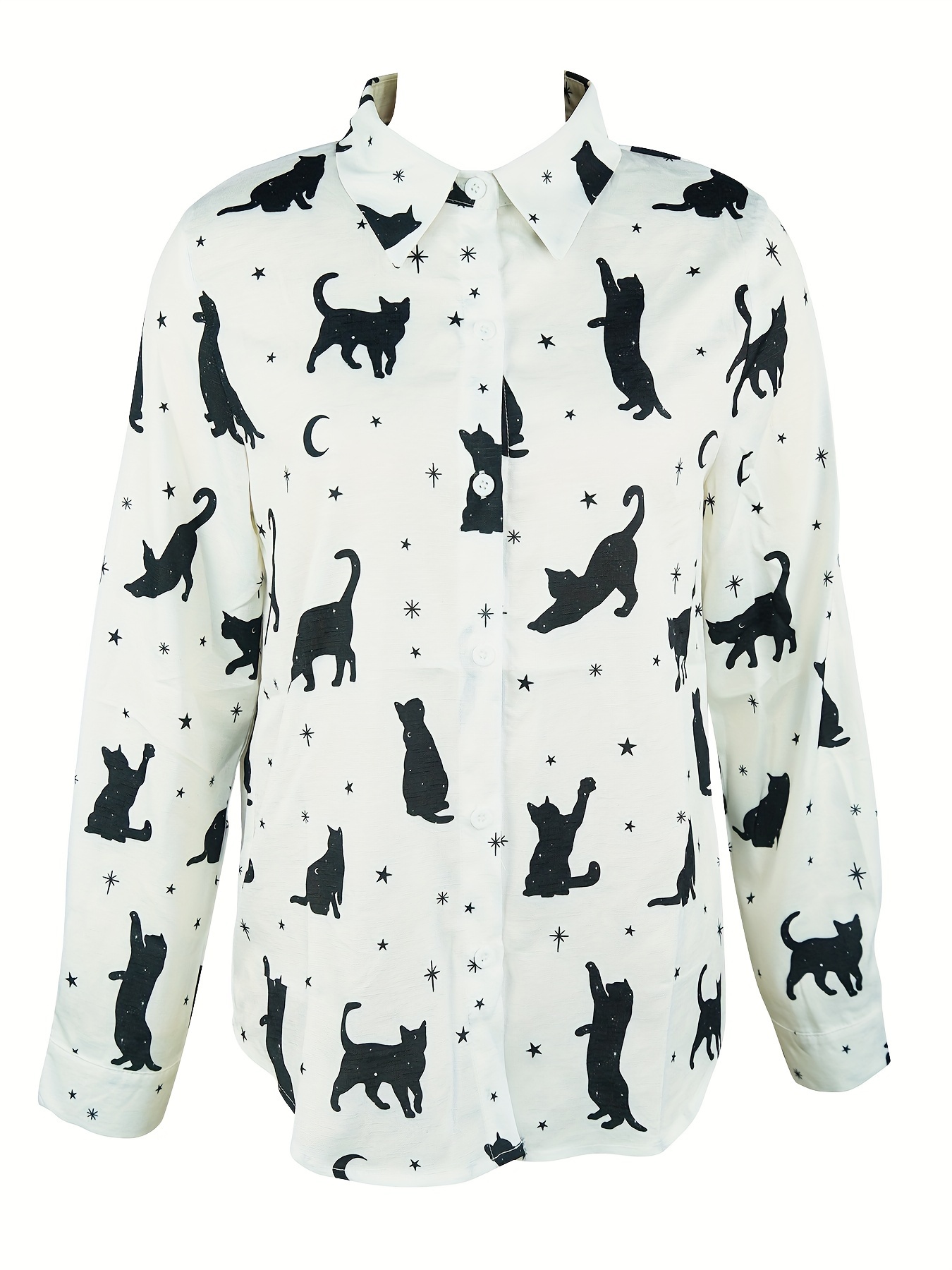 Women'S Casual Cat Print Long-Sleeve Button-Up Shirt White with Black  Cats Lightweight Spring/Summer Fashion, Cat Shirt