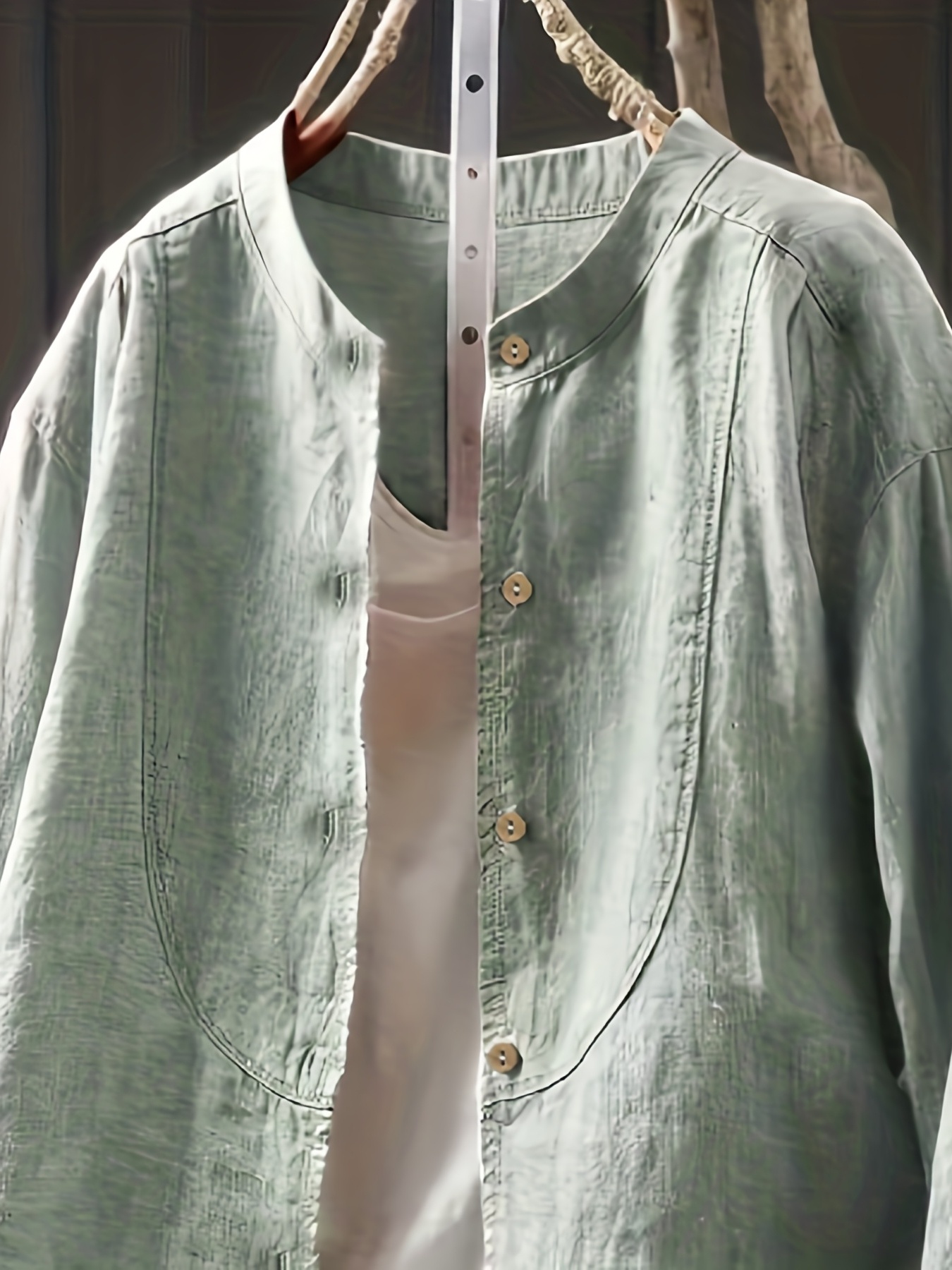 item picture vintage solid color linen shirt loose fit button front closure long sleeve blouse round neck   elegant top for casual dressy wear breathable linen fabric no chest padding