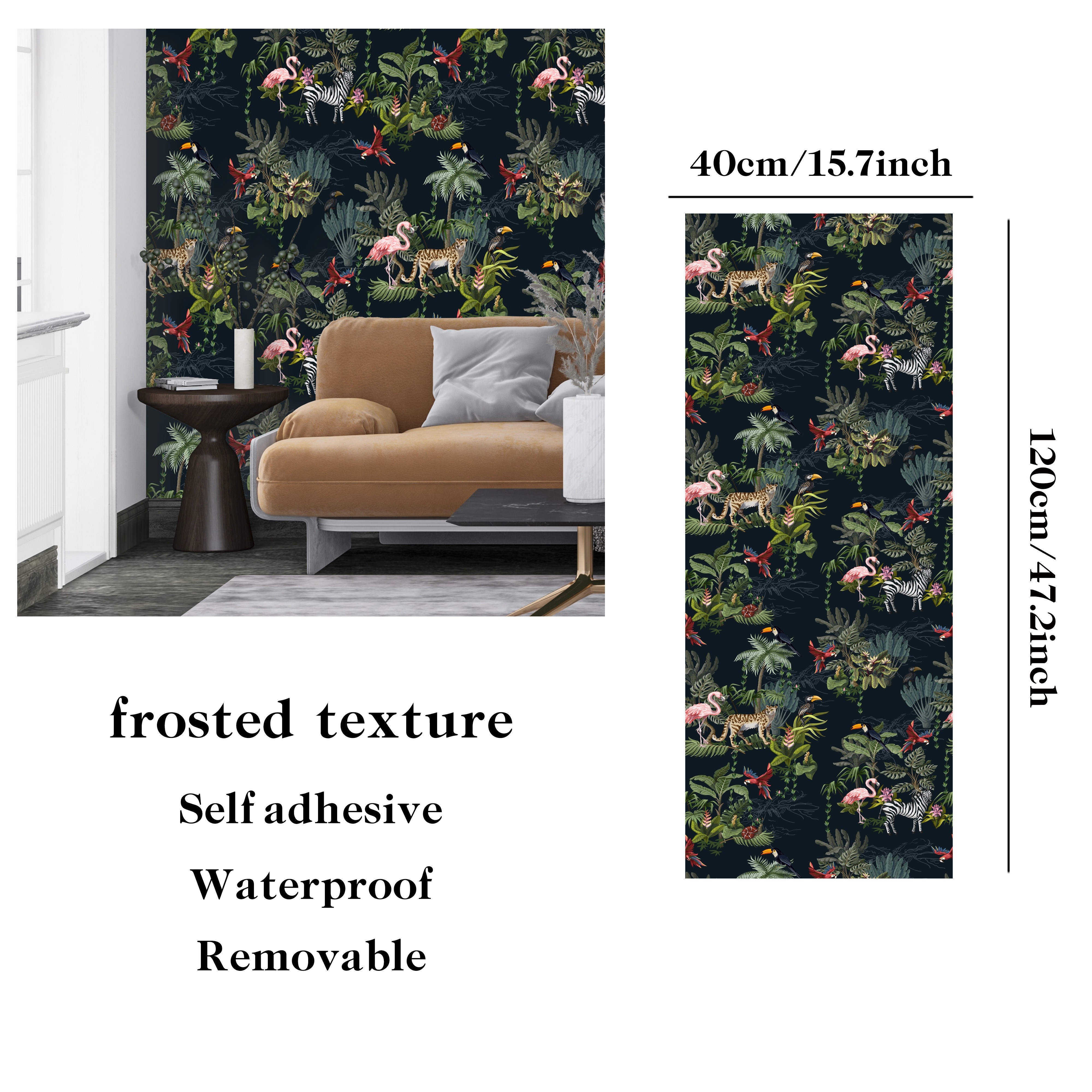 Boho Wallpaper - With Palm, Zebra & Flamingo Designs In Black/green/brown For Bathroom & Furniture Decor, 118.1" X 15.7"