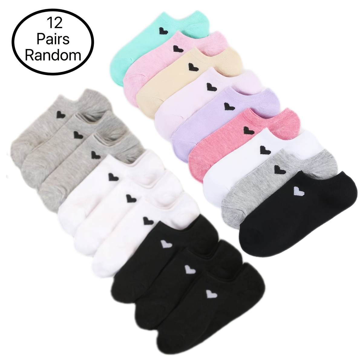 12 Pairs Of Spring And Summer Random Colors, Colorful Heart Shape, Easy And Comfortable Casual Daily Short Socks