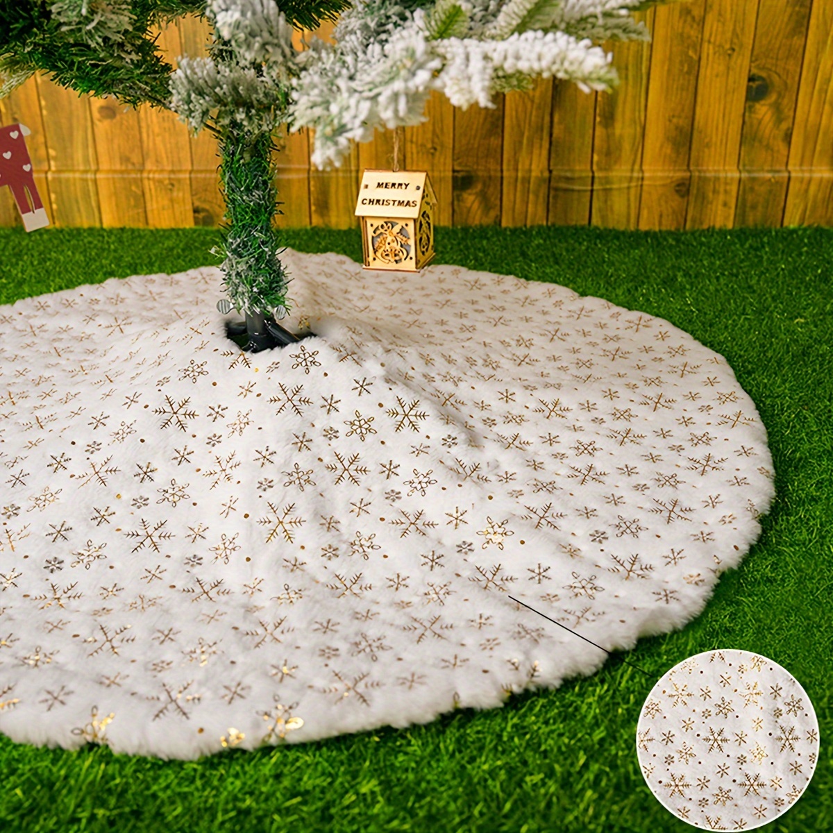     luxurious white christmas tree skirt multiple sizes   snowflake design   rabbit fur festive decor room decor carpet for home themed parties polyester polyester fiber white details 3