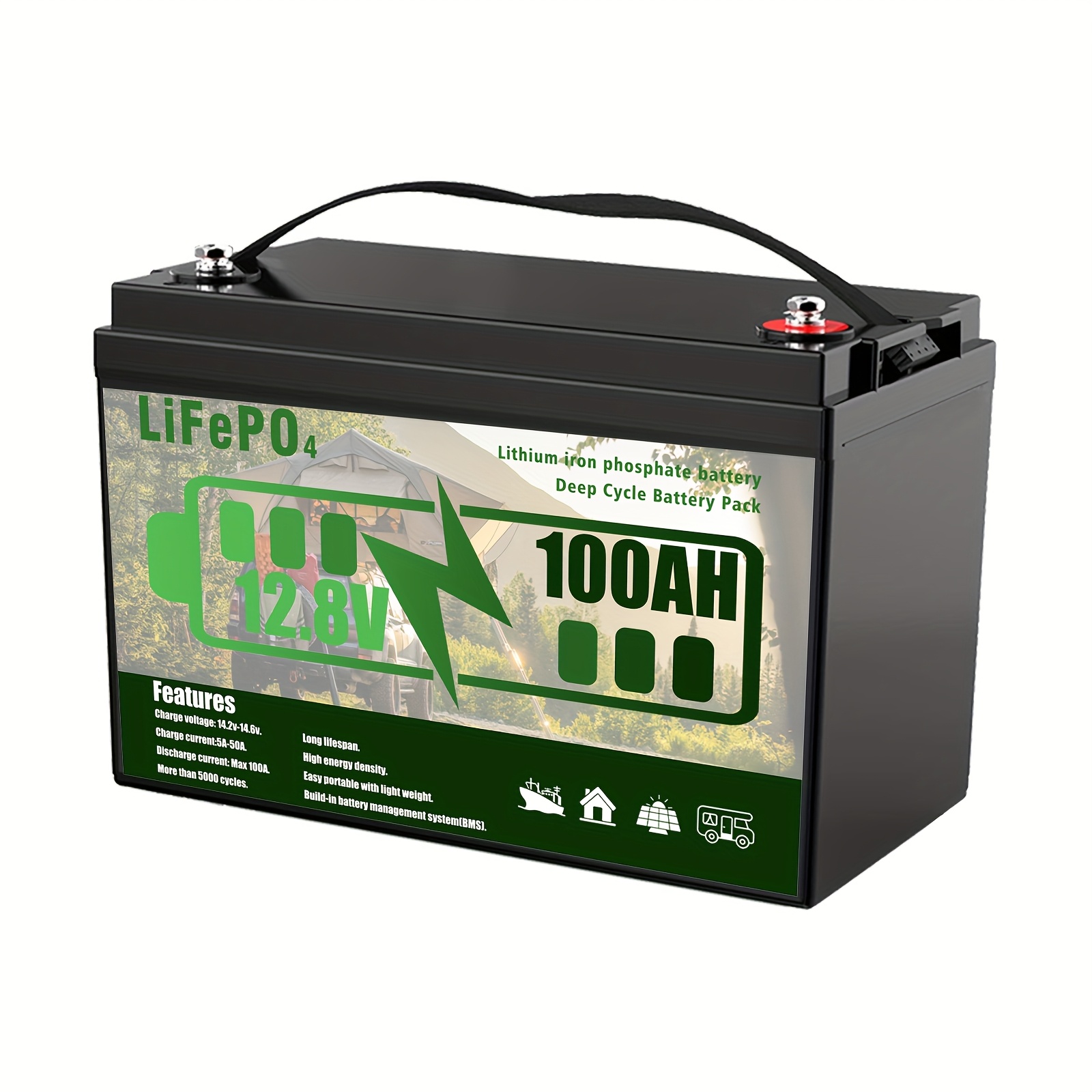 TEMU 12.8v 100ah 1280wh Lithium Lifepo4 Deep Cycle Rechargeable, Built-in Bms Good For Rv, Campervan, Solar Energy, Trolling Motor, Off-grid, Home