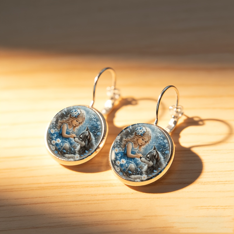 2pcs Set White French Ear Hook Earrings, Wolf and Flower Design