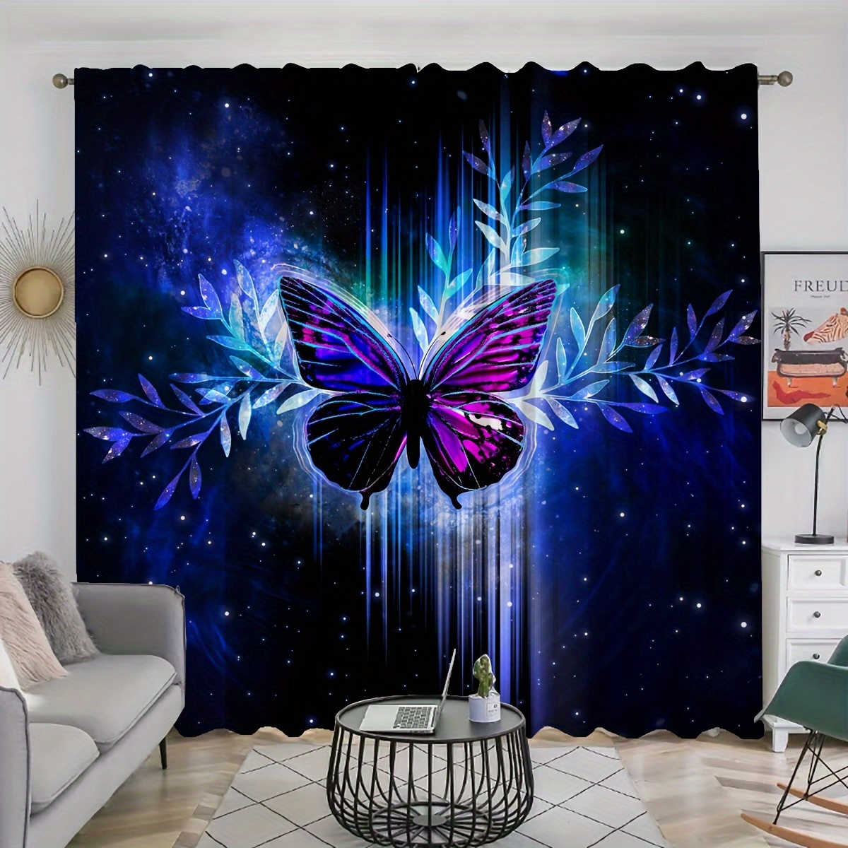 

2pcs, Space Blue Butterfly Printed Curtains, Rod Pocket Curtain Suitable For Restaurants, Public Places, Living Rooms, Bedrooms, Offices, Study Rooms, Home Decoration