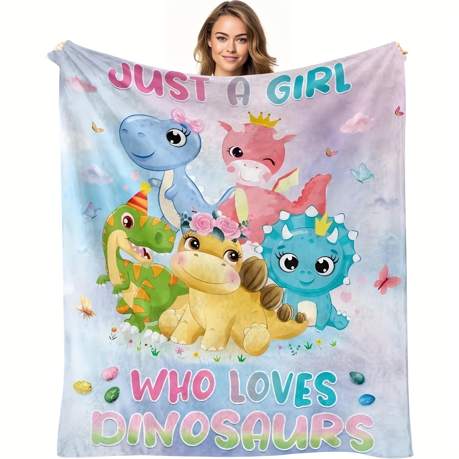 

Flannel Dinosaur Loves Throw Blanket - Cozy Style All-season Flannel Fleece, Knitted Digital Print Polyester Perfect For Gift, Soft Couch Tv Blanket - Cute Cartoon Dinosaur Pattern For Girls