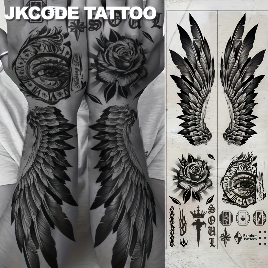 Image of Waterproof Arm Tattoos For Men - Street Graffiti Tattoo 4pcs Set - Large Size Wing Tattoo - Back Of Clock Rose Tattoo - Tattoo Hand Finger Casual Cool Men's Hand Neck Head Waterproof 3-5 Days