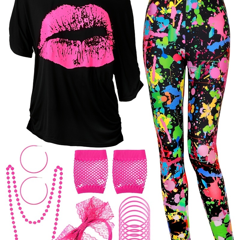 80s Retro Women's Costume Set - , Short Sleeve T-shirt With Spray Print, Leggings, Earrings, Necklace, Gloves & Bracelet