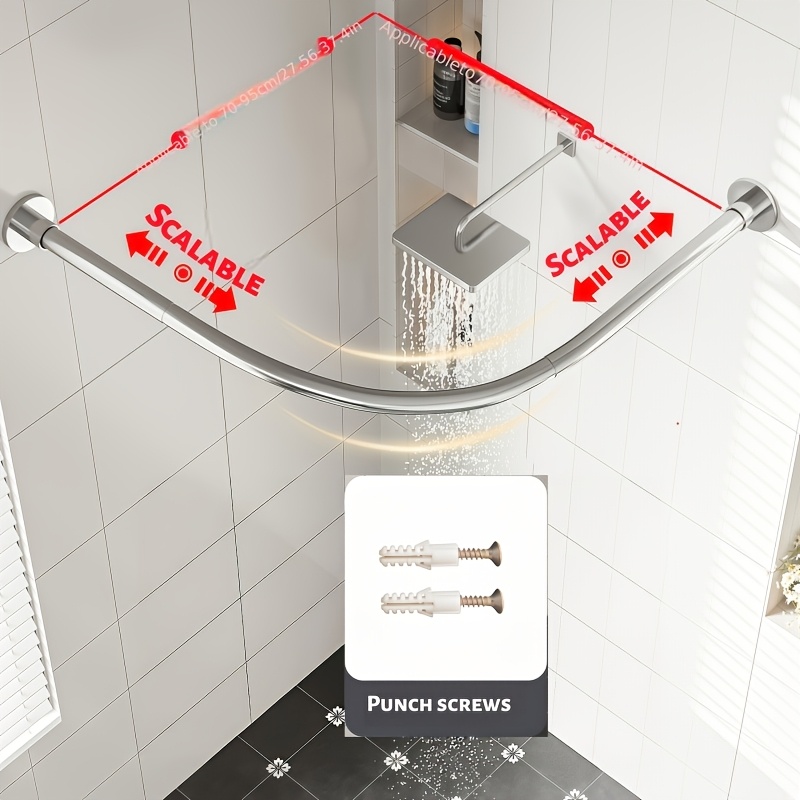 Image of Black Silvery White Adjustable L-shaped Shower Curtain Rod - Wall-mounted Bathroom Accessory, Space-saving, Punch Installation Durable, , Design, Suitable For Modern Bathrooms, Bathroom Additions