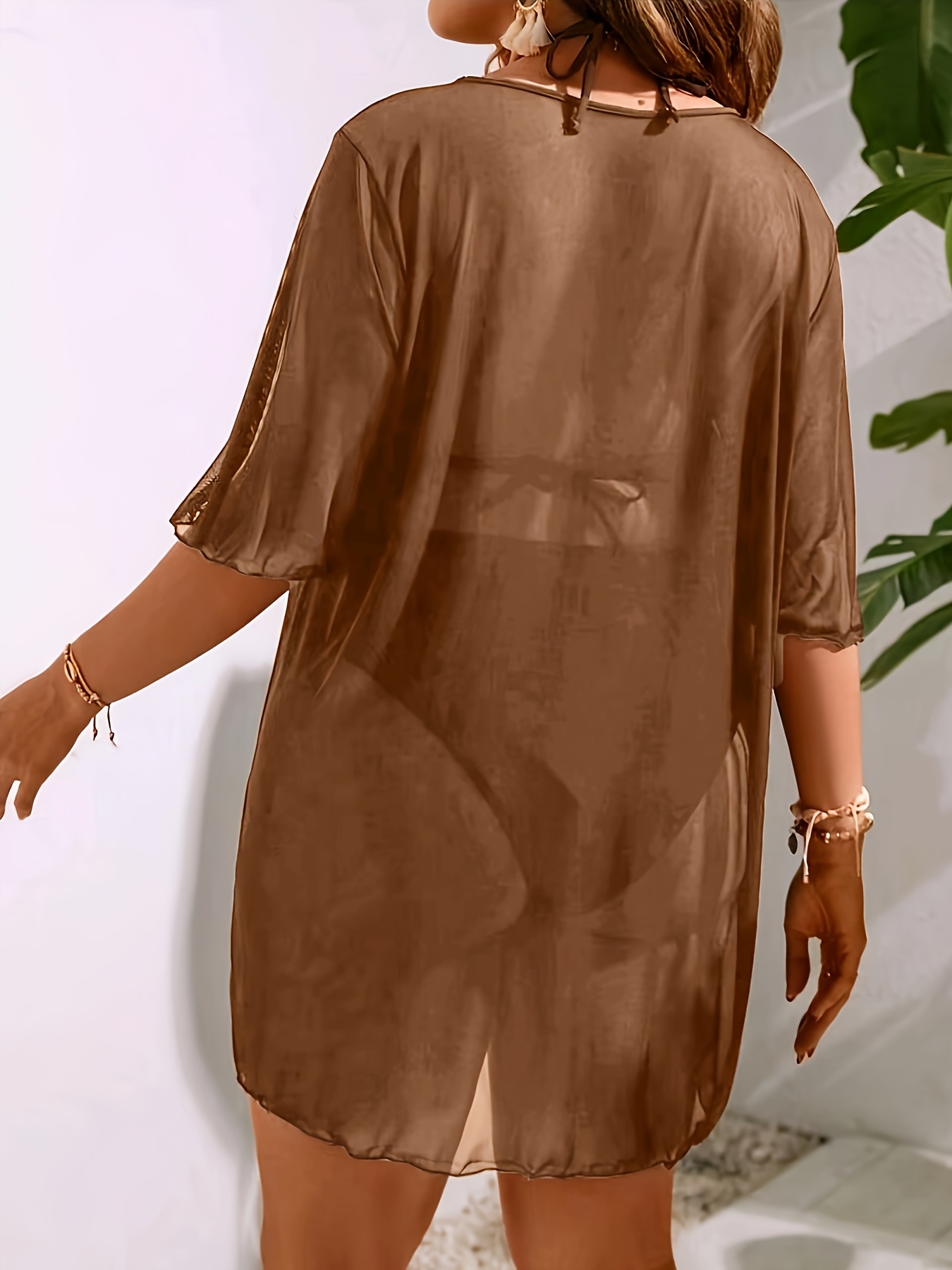 knee length dresses for ladies Long Sleeve Mesh Dress Brown Swimsuit Cover main image 0