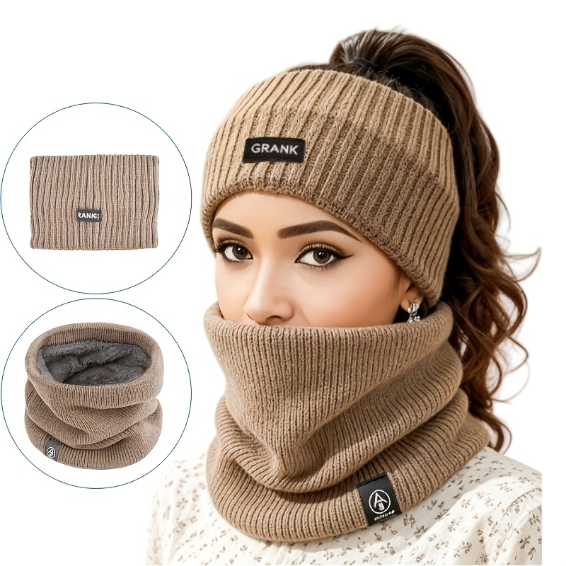 TEMU 2pcs Women Winter Ponytail Ear Warmer Headband And Fleece Lined Neck Gaiter Set, Warm Head Wrap Neck Warmer For Cold Weather Running Cycling