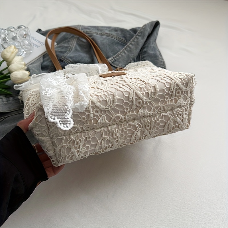 Lace Large Capacity Tote Bag, New Summer Trendy Style with Scarf Gift, Contrast Color Women's Fresh Artistic Handbag