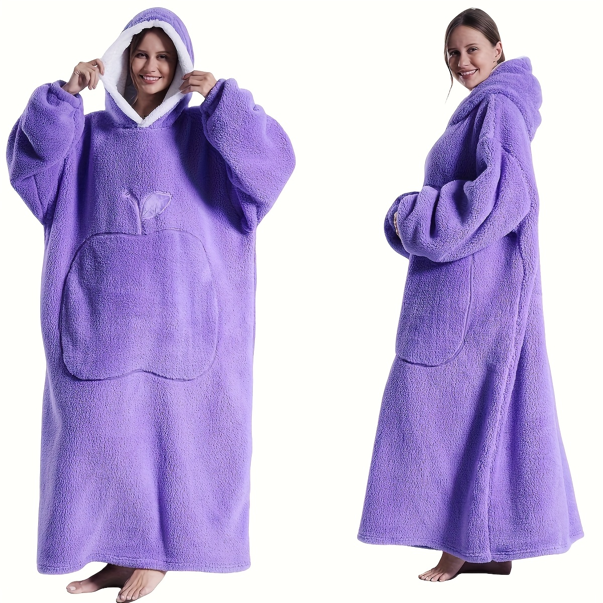 TEMU Cozy Plush Fleece Hooded Wearable Blanket Sweatshirt - Reversible Oversized Unisex Adult Wearable Throw With Kangaroo Pocket, Light Gray, Hand